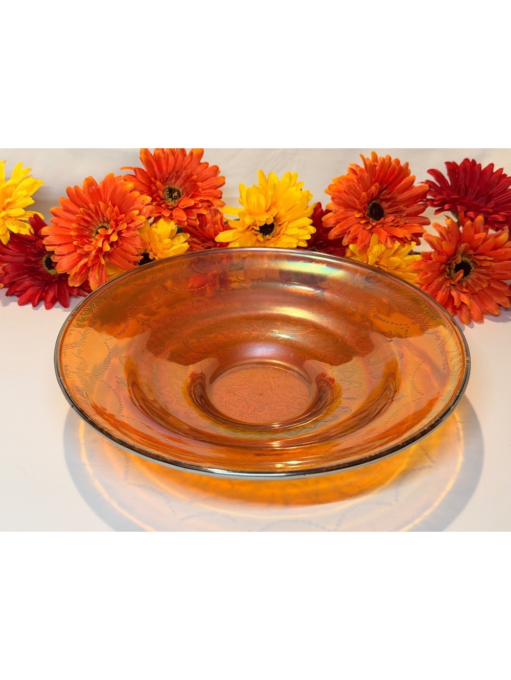 Vintage Marigold Carnival Glass Console Bowl 10.5 Inch Iridescent